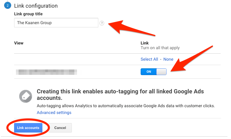 google ads link configuration in google analytics