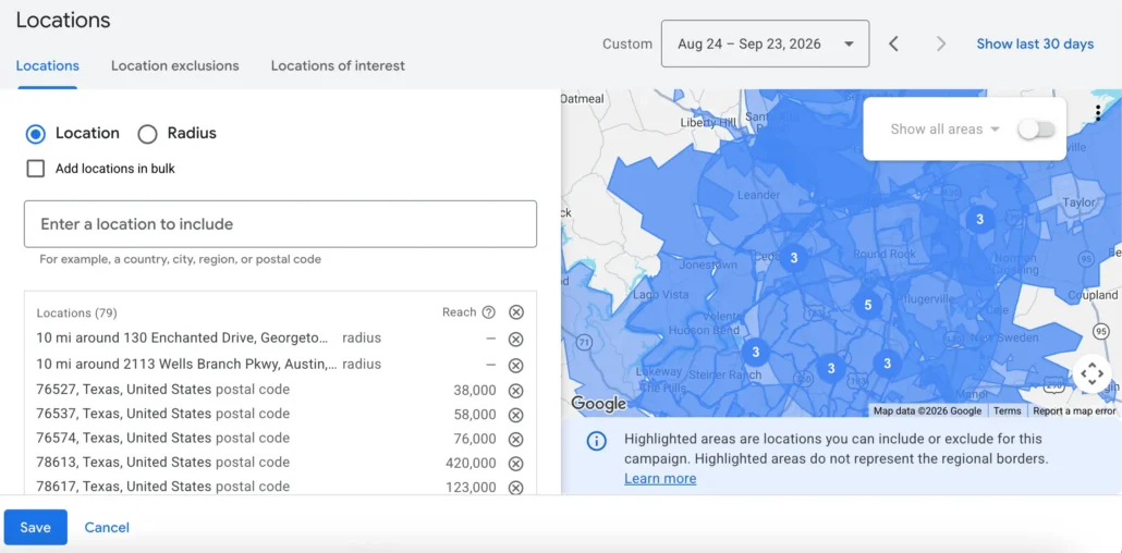 Configuring service area radius and postal code location targeting in Google Ads for roofers