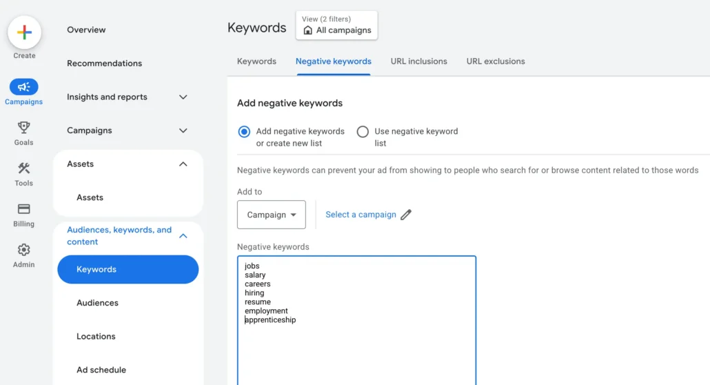 Adding negative keywords in Google Ads to exclude job and hiring searches from roofing campaigns