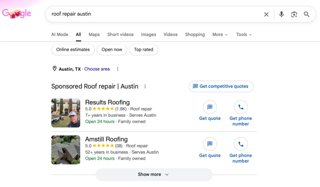 Google sponsored local service ads showing roofing contractors with quote and click-to-call buttons