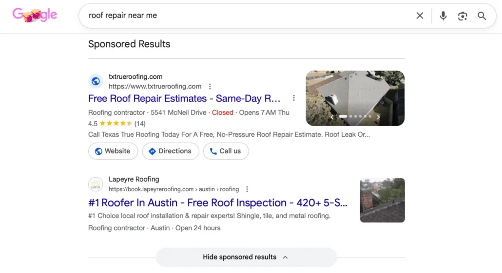 Google search sponsored ads for local roof repair contractors with review ratings and call extensions