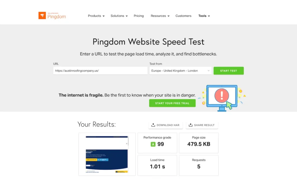 Pingdom website speed test showing a Grade A 1-second load time for a roofing PPC landing page